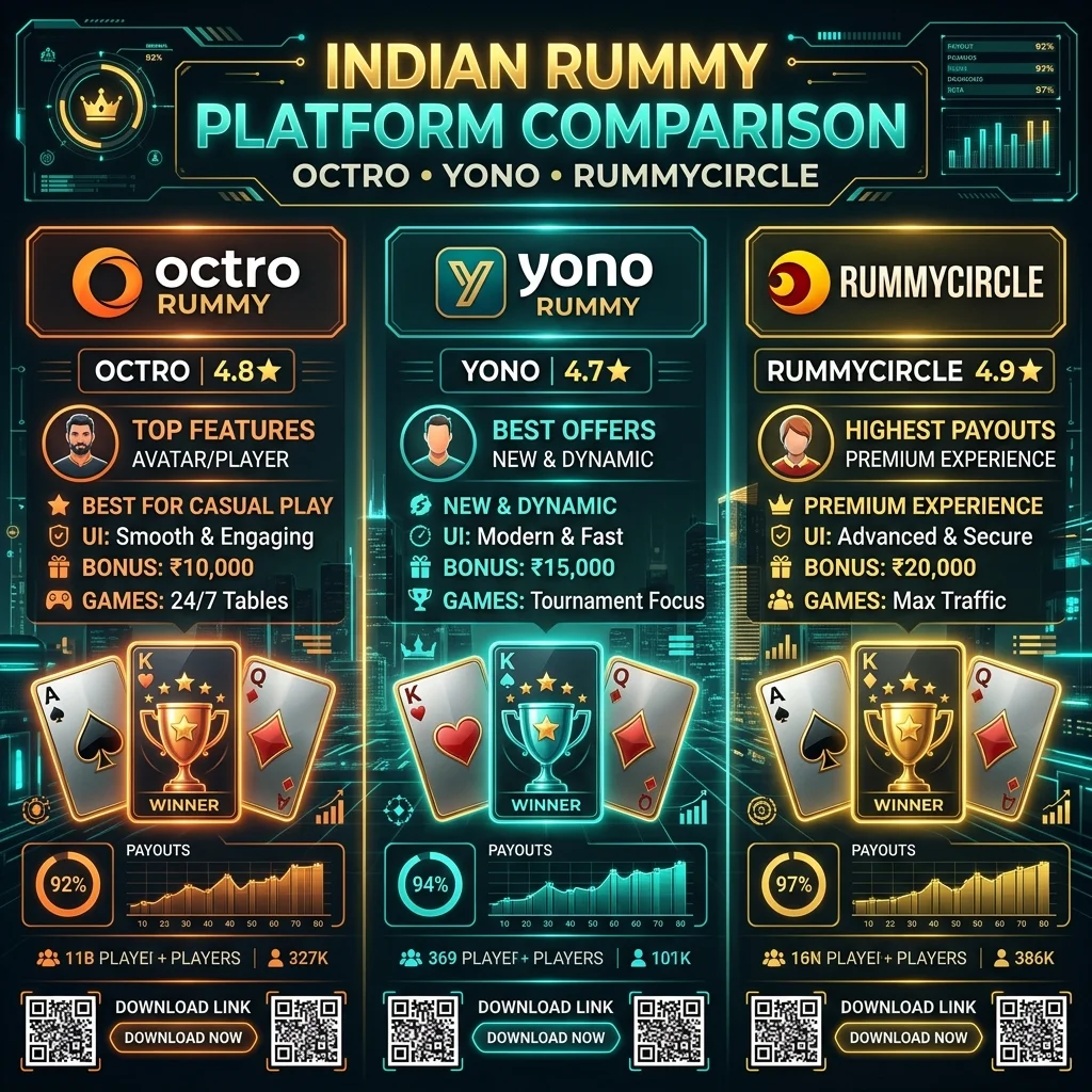 Indian Octro Rummy vs Yono Rummy vs RummyCircle: 2026 Payouts, RNG Audits & Table Multiplier Comparison Guide
